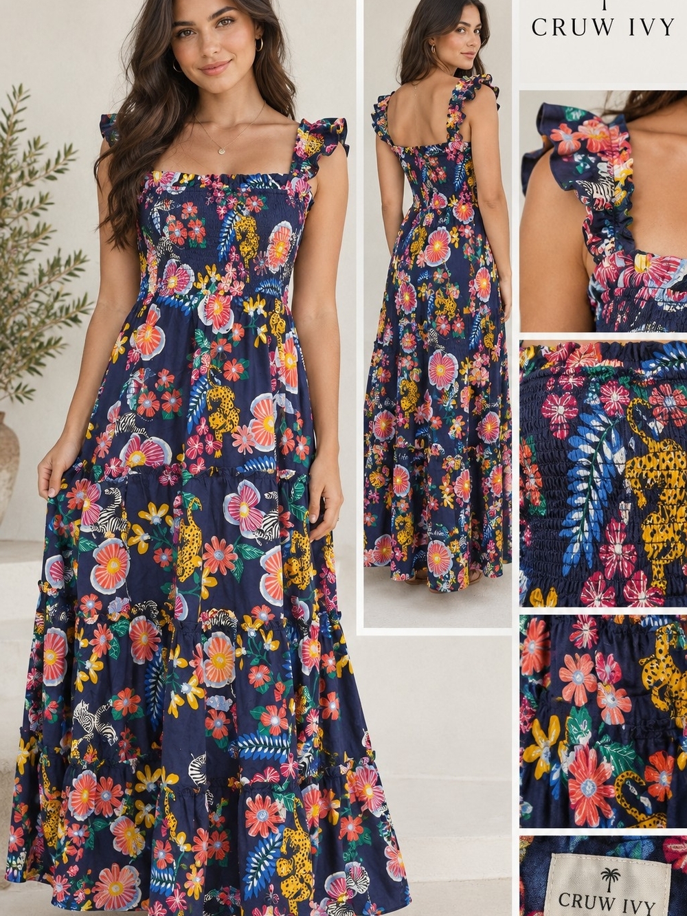 crown & ivy Navy Floral Ruffle Strap Maxi Dress with Multicolor Blooms